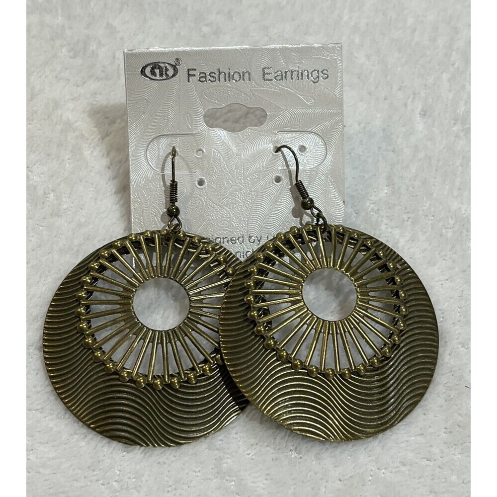 Round Flat Boho Gypsy Hoop Earrings Antique Gold Tribal
